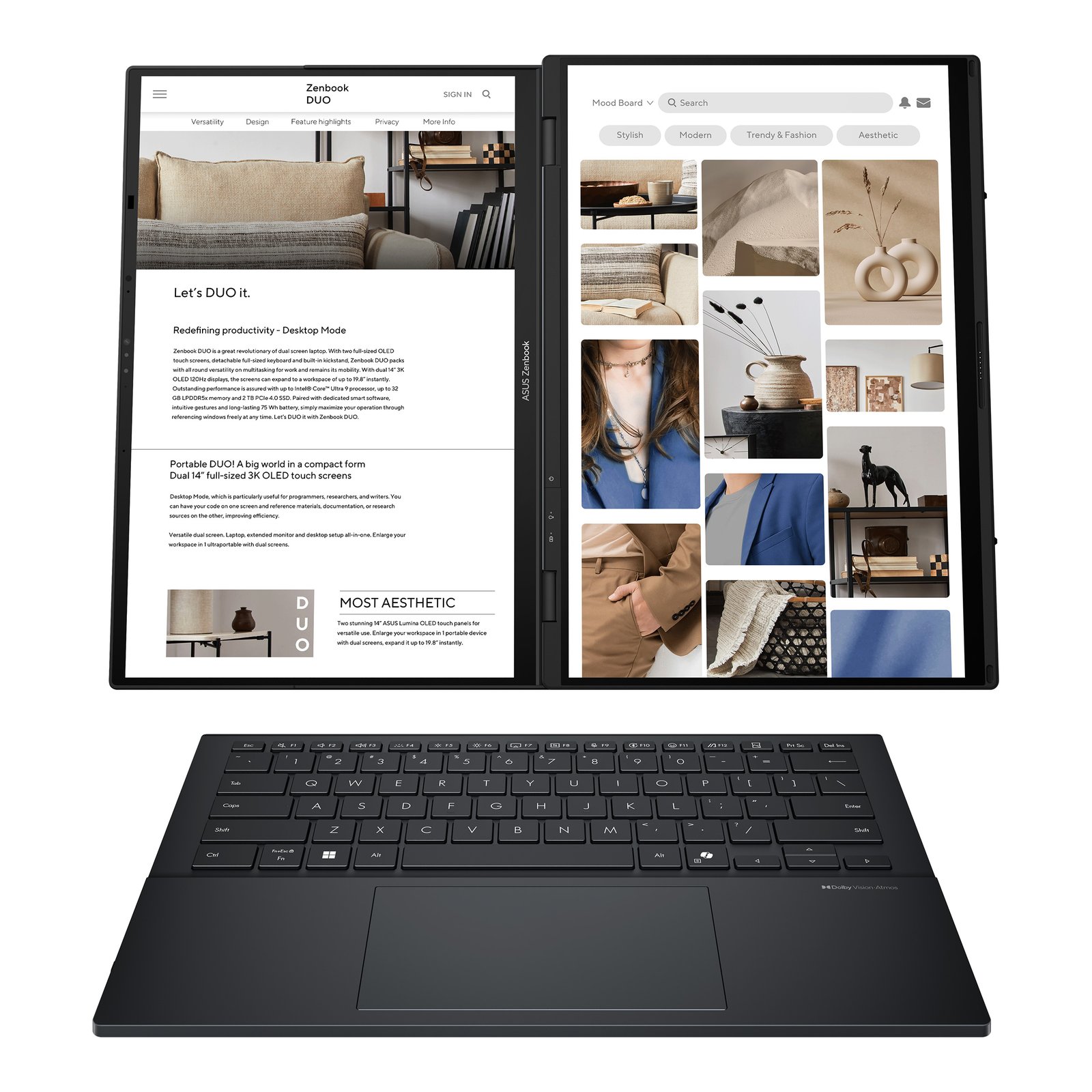 Asus | Zenbook Duo UX8406CA-QL287W | Inkwell Gray | 14 " | OLED | Touchscreen | FHD | 1920 x 1200 pixels | Intel Core Ultra 7 | 255H | 16 GB | LPDDR5X | Solid-state drive capacity 1000 GB | Intel Arc Graphics | Windows 11 Home | 802.11be | Bluetooth version 5.4 | Keyboard language US international | Keyboard backlit | Warranty 24 month(s) | Battery warranty 12 month(s) Asus | Zenbook Duo UX8406CA-QL287W | Inkwell Gray | 14 " | OLED | Touchscreen | FHD | 1920 x 1200 pixels | Intel Core Ultra 7 | 255H | 16 GB | LPDDR5X | Solid-state drive capacity 1000 GB | Intel Arc Graphics | Windows 11 Home | 802.11be | Bluetooth version 5.4 | Keyboard language US international | Keyboard backlit | Warranty 24 month(s) | Battery warranty 12 month(s)