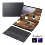 Asus | Zenbook Duo UX8407AA-SN066W | Moher Gray | 14 " | OLED | Touchscreen | 2.8K | 2880 x 1800 pixels | 144 Hz | Anti-Reflective | Intel Core Ultra X9 | 378H | 32 GB | LPDDR5X | Solid-state drive capacity 2000 GB | Intel Arc Graphics | Windows 11 Pro | 802.11be | Bluetooth version 5.4 | Keyboard language US international | Keyboard backlit | Warranty 24 month(s) | Battery warranty 12 month(s)