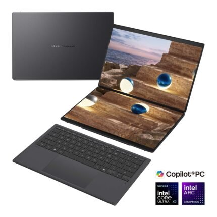Asus | Zenbook Duo UX8407AA-SN066W | Moher Gray | 14 " | OLED | Touchscreen | 2.8K | 2880 x 1800 pixels | 144 Hz | Anti-Reflective | Intel Core Ultra X9 | 378H | 32 GB | LPDDR5X | Solid-state drive capacity 2000 GB | Intel Arc Graphics | Windows 11 Pro | 802.11be | Bluetooth version 5.4 | Keyboard language US international | Keyboard backlit | Warranty 24 month(s) | Battery warranty 12 month(s)