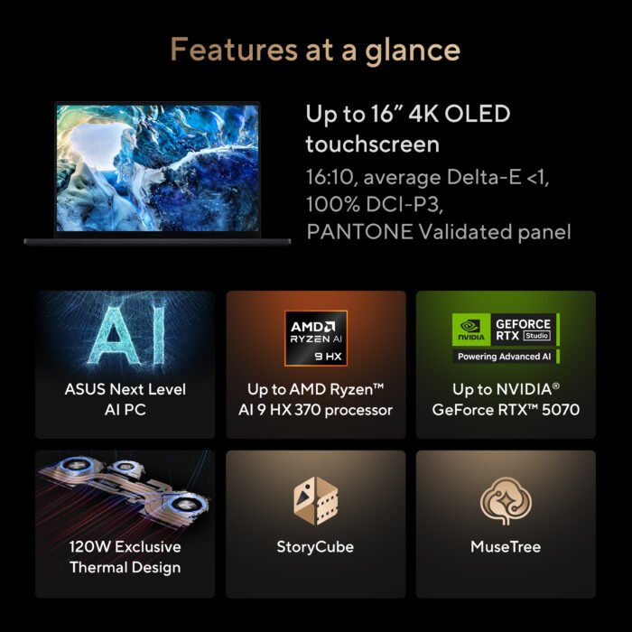 Asus | ProArt P16 H7606WP-RJ079X | Nano Black | 16 " | OLED | Touchscreen | 3K | 2880 x 1800 pixels | 120 Hz | Glossy | AMD Ryzen AI 9 | HX370 | 64 GB | LPDDR5X | Solid-state drive capacity 2000 GB | NVIDIA GeForce RTX 5070 | GDDR7 | 8 GB | Windows 11 Pro | 802.11be | Keyboard language US international | Keyboard backlit | Warranty 24 month(s) | Battery warranty 12 month(s)