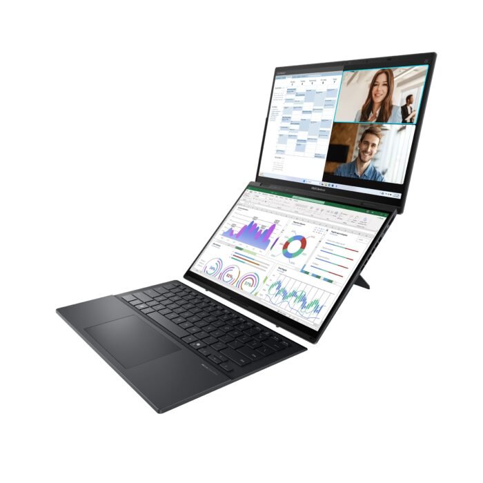 Asus | Zenbook Duo UX8406CA-PZ009W | Basalt Gray | 14 " | OLED | Touchscreen | 3K | 2880 x 1800 pixels | Glossy | Intel Core Ultra 9 | 285H | 32 GB | LPDDR5X | Solid-state drive capacity 2000 GB | Intel Graphics | Windows 11 Home | 802.11be | Bluetooth version 5.4 | Keyboard language US international | Keyboard backlit