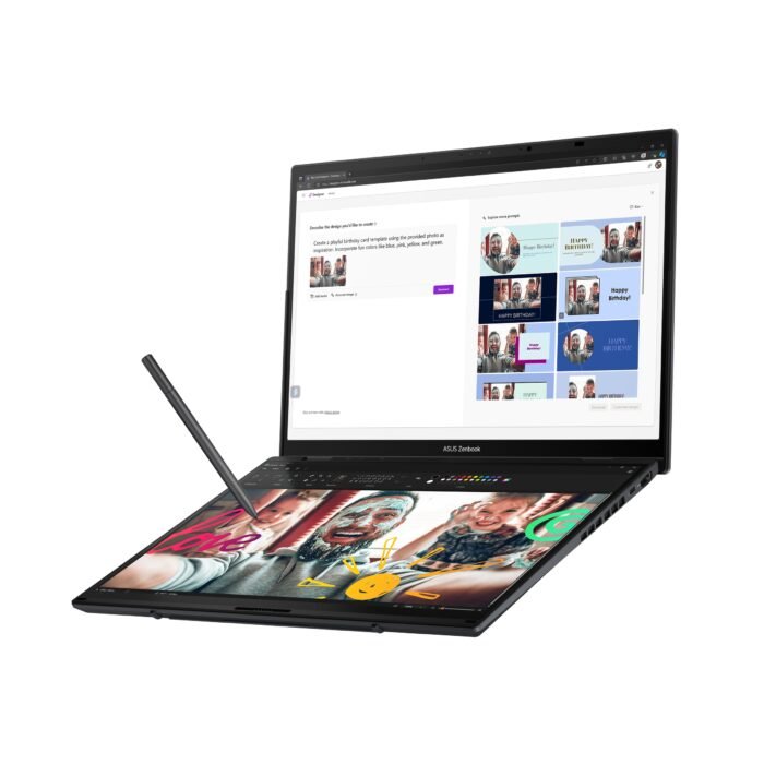 Asus | Zenbook Duo UX8406CA-PZ009W | Basalt Gray | 14 " | OLED | Touchscreen | 3K | 2880 x 1800 pixels | Glossy | Intel Core Ultra 9 | 285H | 32 GB | LPDDR5X | Solid-state drive capacity 2000 GB | Intel Graphics | Windows 11 Home | 802.11be | Bluetooth version 5.4 | Keyboard language US international | Keyboard backlit