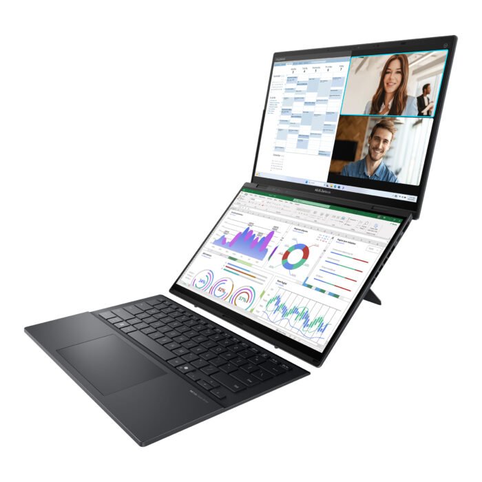 Asus | Zenbook Duo UX8406CA-QL287W | Inkwell Gray | 14 " | OLED | Touchscreen | FHD | 1920 x 1200 pixels | Intel Core Ultra 7 | 255H | 16 GB | LPDDR5X | Solid-state drive capacity 1000 GB | Intel Arc Graphics | Windows 11 Home | 802.11be | Bluetooth version 5.4 | Keyboard language US international | Keyboard backlit | Warranty 24 month(s) | Battery warranty 12 month(s)