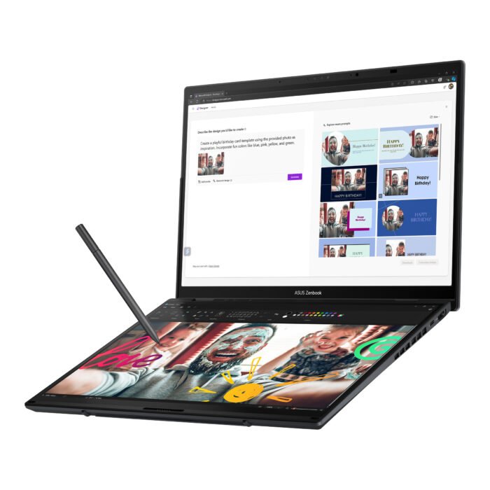 Asus | Zenbook Duo UX8406CA-QL287W | Inkwell Gray | 14 " | OLED | Touchscreen | FHD | 1920 x 1200 pixels | Intel Core Ultra 7 | 255H | 16 GB | LPDDR5X | Solid-state drive capacity 1000 GB | Intel Arc Graphics | Windows 11 Home | 802.11be | Bluetooth version 5.4 | Keyboard language US international | Keyboard backlit | Warranty 24 month(s) | Battery warranty 12 month(s)