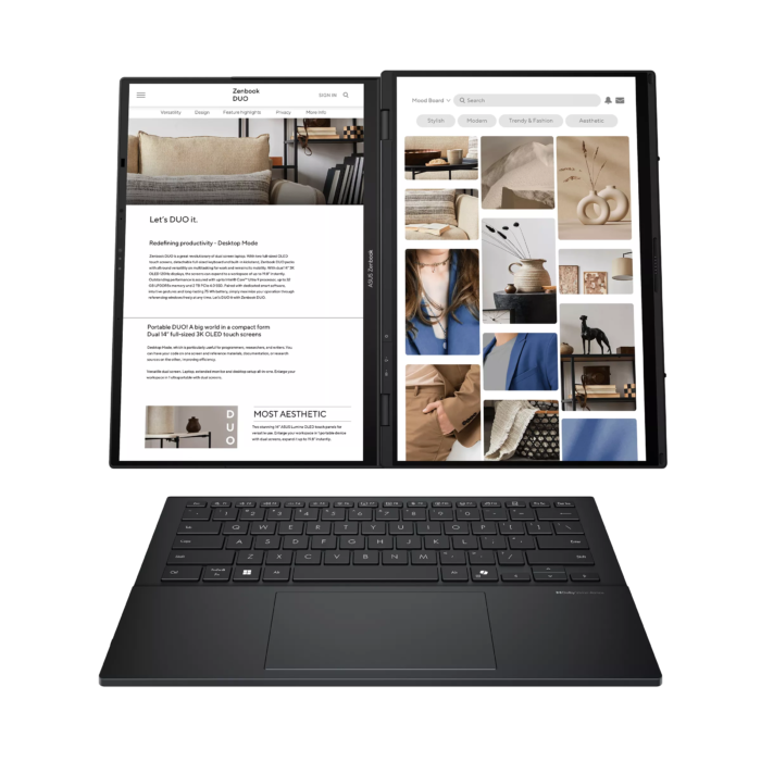 Asus Zenbook Duo UX8406CA-QL358X | Inkwell Gray | 14 " | OLED | Touchscreen | FHD | 1920 x 1200 pixels | 60 Hz | Glossy | Intel Core Ultra 7 | 255H | 16 GB | LPDDR5X | Solid-state drive capacity 1000 GB | Intel Arc Graphics | Windows 11 Pro | 802.11be | Bluetooth version 5.4 | Keyboard language US international | Keyboard backlit | Warranty 24 month(s) | Battery warranty 12 month(s)