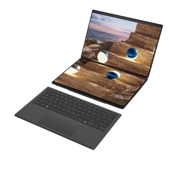 Asus | Zenbook Duo UX8407AA-SN066W | Moher Gray | 14 " | OLED | Touchscreen | 2.8K | 2880 x 1800 pixels | 144 Hz | Anti-Reflective | Intel Core Ultra X9 | 378H | 32 GB | LPDDR5X | Solid-state drive capacity 2000 GB | Intel Arc Graphics | Windows 11 Pro | 802.11be | Bluetooth version 5.4 | Keyboard language US international | Keyboard backlit | Warranty 24 month(s) | Battery warranty 12 month(s)