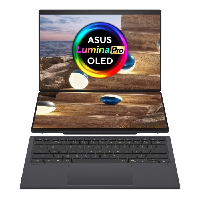 Asus | Zenbook Duo UX8407AA-SN066W | Moher Gray | 14 " | OLED | Touchscreen | 2.8K | 2880 x 1800 pixels | 144 Hz | Anti-Reflective | Intel Core Ultra X9 | 378H | 32 GB | LPDDR5X | Solid-state drive capacity 2000 GB | Intel Arc Graphics | Windows 11 Pro | 802.11be | Bluetooth version 5.4 | Keyboard language US international | Keyboard backlit | Warranty 24 month(s) | Battery warranty 12 month(s)