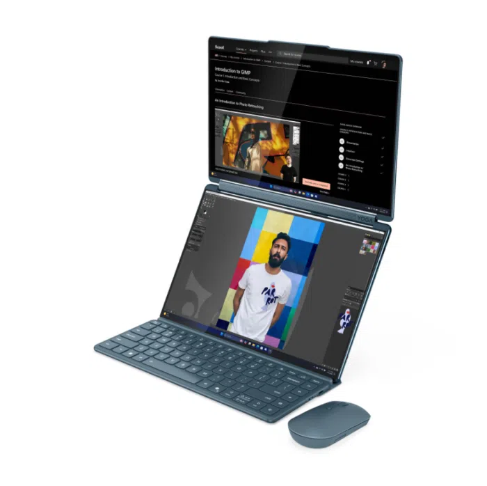 Lenovo Yoga Book 9 14IAH10 Intel | Tidal Teal | 2x14 " | OLED | Touchscreen | 2.8K WQXGA+ | 2880 x 1800 pixels | Intel Core Ultra 7 | 255H | 32 GB | Soldered LPDDR5X | Solid-state drive capacity 1000 GB | Intel Arc 140T GPU | Windows 11 Home | 802.11be | Bluetooth version 5.4 | Keyboard language English | Keyboard backlit | Warranty 24 month(s) | Battery warranty 12 month(s)